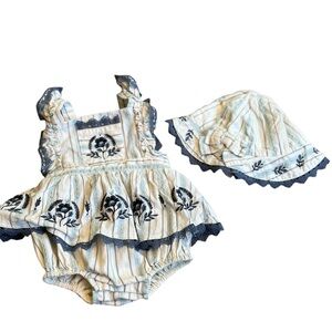 Haute Hippie Boho Romper Outfit Blue White Dress Hat Baby Girl Size 3-6M